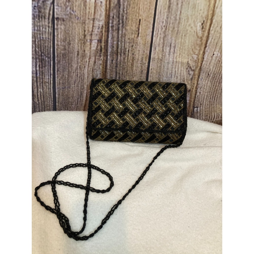 Vintage La Reagle Ltd. Purse Black & Gold All Over Beading Flapper Party Evening